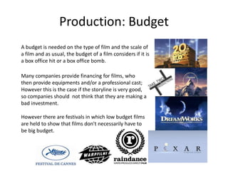 Production: Budget
A budget is needed on the type of film and the scale of
a film and as usual, the budget of a film considers if it is
a box office hit or a box office bomb.

Many companies provide financing for films, who
then provide equipments and/or a professional cast;
However this is the case if the storyline is very good,
so companies should not think that they are making a
bad investment.

However there are festivals in which low budget films
are held to show that films don't necessarily have to
be big budget.
 