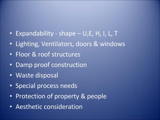 Expandability - shape – U,E, H, I, L, T Lighting, Ventilators, doors & windows Floor & roof structures Damp proof construction Waste disposal Special process needs Protection of property & people Aesthetic consideration 