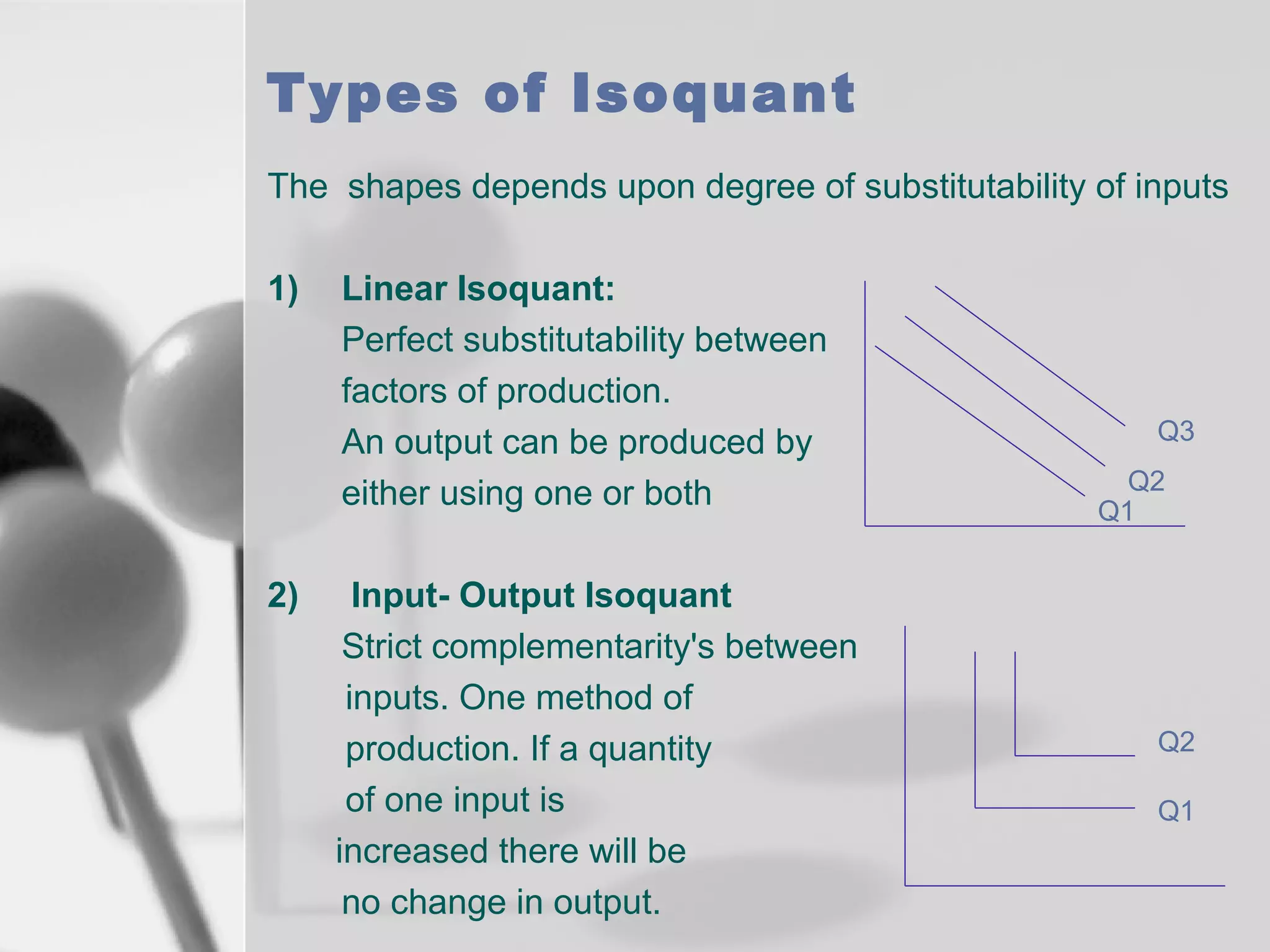 Types of Isoquant
The shapes depends upon degree of substitutability of inputs
1)

2)

Linear Isoquant:
Perfect substitutability between
factors of production.
An output can be produced by
either using one or both
Input- Output Isoquant
Strict complementarity's between
inputs. One method of
production. If a quantity
of one input is
increased there will be
no change in output.

Q3
Q2
Q1

Q2
Q1

 