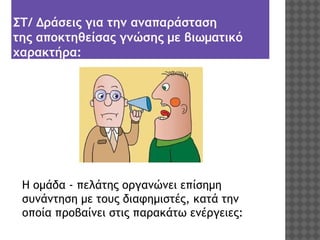 ΣΤ/ Δράσεις για την αναπαράσταση
της αποκτηθείσας γνώσης με βιωματικό
χαρακτήρα:

Η ομάδα - πελάτης οργανώνει επίσημη
συνάντηση με τους διαφημιστές, κατά την
οποία προβαίνει στις παρακάτω ενέργειες:

 