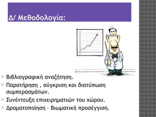 Δ/ Μεθοδολογία:

⦿
⦿
⦿
⦿

Βιβλιογραφική αναζήτηση.
Παρατήρηση , σύγκριση και διατύπωση
συμπερασμάτων.
Συνέντευξη επιχειρηματιών του χώρου.
Δραματοποίηση – Βιωματική προσέγγιση.

 