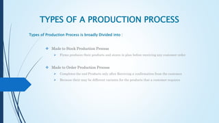 TYPES OF A PRODUCTION PROCESS
Types of Production Process is broadly Divided into :
 Made to Stock Production Process
 Firms produces their products and stores in plan before receiving any customer order
 Made to Order Production Process
 Completes the end Products only after Receiving a confirmation from the customer.
 Because their may be different variants for the products that a customer requires
 