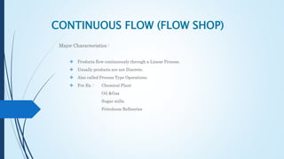 CONTINUOUS FLOW (FLOW SHOP)
Major Characteristics :
 Products flow continuously through a Linear Process.
 Usually products are not Discrete.
 Also called Process Type Operations.
 For Ex. : Chemical Plant
Oil &Gas
Sugar mills.
Petroleum Refineries
 