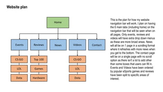 Website plan
Home
Events Reviews News Videos Contact
CS:GO
LOL
Dota
Top 100
Games
Hardware
CS:GO
LOL
Dota
This is the plan for how my website
navigation bar will work. I plan on having
the 6 main tabs (including home) on the
navigation bar that will be seen when on
all pages. Only events, reviews and
videos will have extra drop down menus
as these are more broad areas. News
will all be on 1 page in a scrolling format
where it refreshes with more news when
you get to the bottom. The contact page
will be on a single page with no scroll
option as there isn't a lot to add other
than some boxes that users can fill in.
Events and Videos have been ordered
by popular eSports games and reviews
have been split to specific areas of
interest.
 