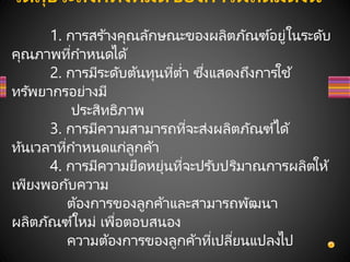 วัตถุประสงค์ทังหมดของการผลิตมีดังนี
1. การสร ้างคุณลักษณะของผลิตภัณฑ์อยู่ในระดับ
คุณภาพที่กาหนดได้
2. การมีระดับต้นทุนที่ต่า ซึ่งแสดงถึงการใช้
ทรัพยากรอย่างมี
ประสิทธิภาพ
3. การมีความสามารถที่จะส่งผลิตภัณฑ์ได้
ทันเวลาที่กาหนดแก่ลูกค้า
4. การมีความยืดหยุ่นที่จะปรับปริมาณการผลิตให้
เพียงพอกับความ
ต้องการของลูกค้าและสามารถพัฒนา
ผลิตภัณฑ์ใหม่ เพื่อตอบสนอง
ความต้องการของลูกค้าที่เปลี่ยนแปลงไป
 
