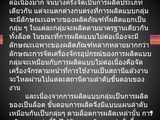 ต่อเนื่องมาก จนบางครั้งจัดเป็นการผลิตประเภท
เดียวกัน แต่จะแตกต่างกนตรงที่การผลิตแบบกลุ่ม
จะมีลักษณะเฉพาะของผลิตภัณฑ์ที่ผลิตแยกเป็น
กลุ่ม ๆ ในแต่ละกลุ่มจะผลิตตามมาตรฐานเดียวกัน
ทั้งล็อต ในขณะที่การผลิตแบบไม่ต่อเนื่องจะมี
ลักษณะเฉพาะของผลิตภัณฑ์หลากหลายมากกว่า
ลักษณะการจัดเครื่องจักรอุปกรณ์ของการผลิตแบบ
กลุ่มจะเหมือนกับการผลิตแบบไม่ต่อเนื่องคือจัด
เครื่องจักรตามหน้าที่การใช ้งานเป็นสถานีแล ้วงาน
จะไหลผ่านไปแต่ละสถานีตามลาดับขึ้นตอนของ
งาน
และเนื่องจากการผลิตแบบกลุ่มเป็นการผลิต
ของเป็นล็อต ขั้นตอนการผลิตจึงมีแบบแผนลาดับ
เหมือนกันเป็นกลุ่มๆ ตามล็อตการผลิตเหล่านั้น การ
 