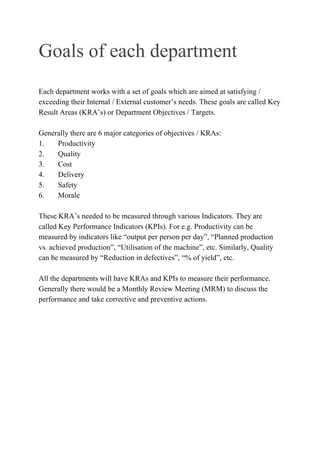 Goals of each department
Each department works with a set of goals which are aimed at satisfying /
exceeding their Internal / External customer’s needs. These goals are called Key
Result Areas (KRA’s) or Department Objectives / Targets.
Generally there are 6 major categories of objectives / KRAs:
1. Productivity
2. Quality
3. Cost
4. Delivery
5. Safety
6. Morale
These KRA’s needed to be measured through various Indicators. They are
called Key Performance Indicators (KPIs). For e.g. Productivity can be
measured by indicators like “output per person per day”, “Planned production
vs. achieved production”, “Utilisation of the machine”, etc. Similarly, Quality
can be measured by “Reduction in defectives”, “% of yield”, etc.
All the departments will have KRAs and KPIs to measure their performance.
Generally there would be a Monthly Review Meeting (MRM) to discuss the
performance and take corrective and preventive actions.
 