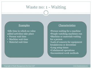 Waste no: 1 - Waiting



                   Examples                        Characteristics

    •Idle time in which no value            •Person waiting for a machine
    added activities take place             •People watching machines run
    • Person wait time                      •Machine or materials waiting
    • Machine wait time                     for a person
    • Material wait time                    •Lack of concern for equipment
                                            breakdowns or downtime
                                            •Long setup times
                                            •Unbalanced operations
                                            •Inconsistent work methods




Copyright of Hash Management Services LLP                        www.businessense.in
 
