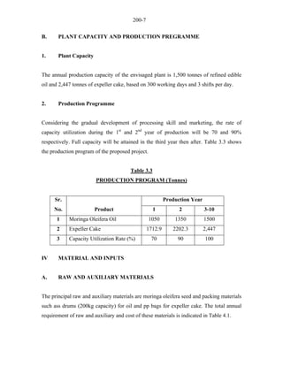 200-7 
B. PLANT CAPACITY AND PRODUCTION PREGRAMME 
1. Plant Capacity 
The annual production capacity of the envisaged plant is 1,500 tonnes of refined edible oil and 2,447 tonnes of expeller cake, based on 300 working days and 3 shifts per day. 
2. Production Programme 
Considering the gradual development of processing skill and marketing, the rate of capacity utilization during the 1st and 2nd year of production will be 70 and 90% respectively. Full capacity will be attained in the third year then after. Table 3.3 shows the production program of the proposed project. 
Table 3.3 
PRODUCTION PROGRAM (Tonnes) 
Sr. 
Production Year 
No. 
Product 
1 
2 
3-10 
1 
Moringa Oleifera Oil 
1050 
1350 
1500 
2 
Expeller Cake 
1712.9 
2202.3 
2,447 
3 
Capacity Utilization Rate (%) 
70 
90 
100 
IV MATERIAL AND INPUTS 
A. RAW AND AUXILIARY MATERIALS 
The principal raw and auxiliary materials are moringa oleifera seed and packing materials such ass drums (200kg capacity) for oil and pp bags for expeller cake. The total annual requirement of raw and auxiliary and cost of these materials is indicated in Table 4.1.  