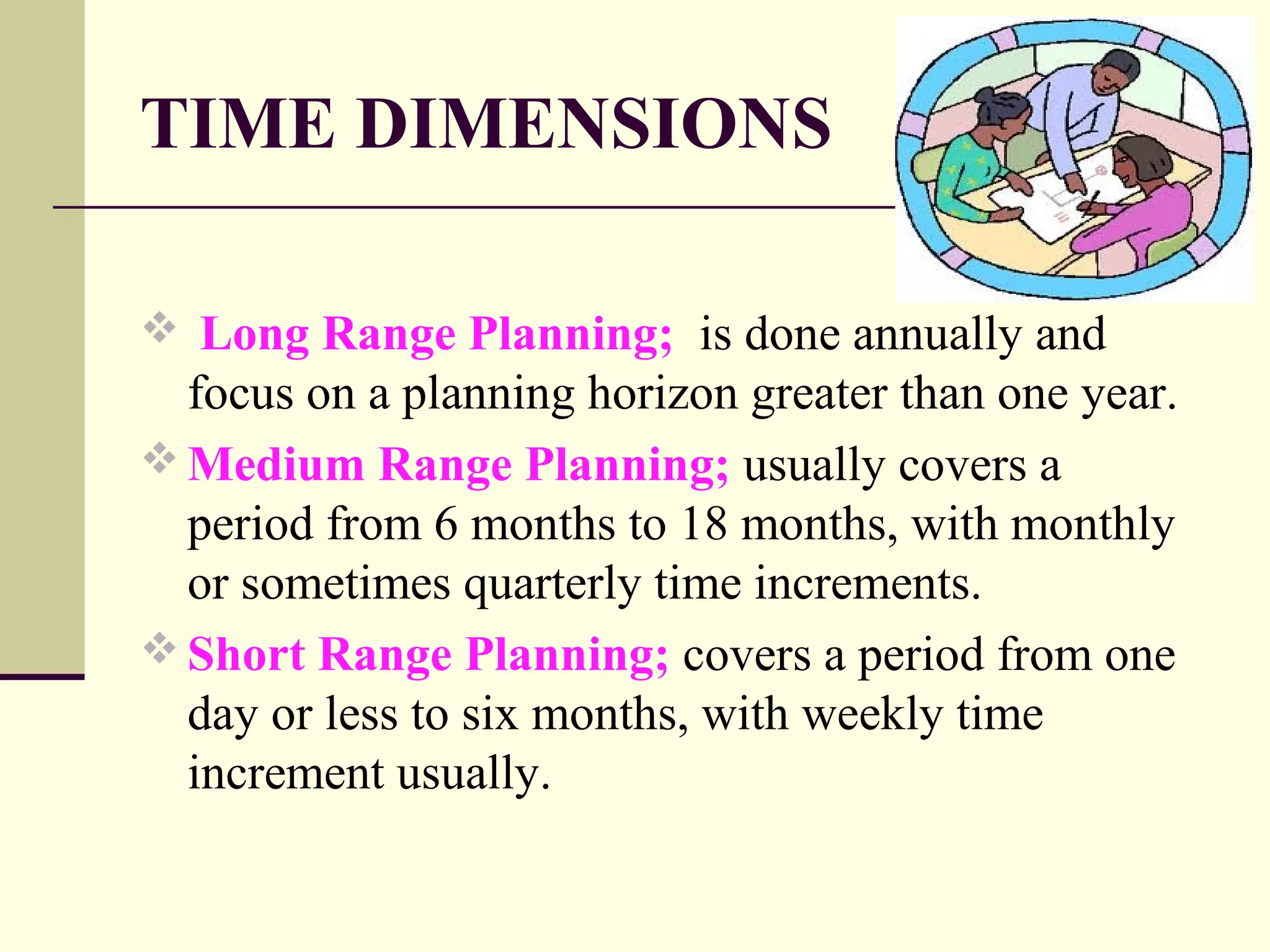 TIME DIMENSIONS
 Long Range Planning; is done annually and
focus on a planning horizon greater than one year.
 Medium Range Planning; usually covers a
period from 6 months to 18 months, with monthly
or sometimes quarterly time increments.
 Short Range Planning; covers a period from one
day or less to six months, with weekly time
increment usually.
 