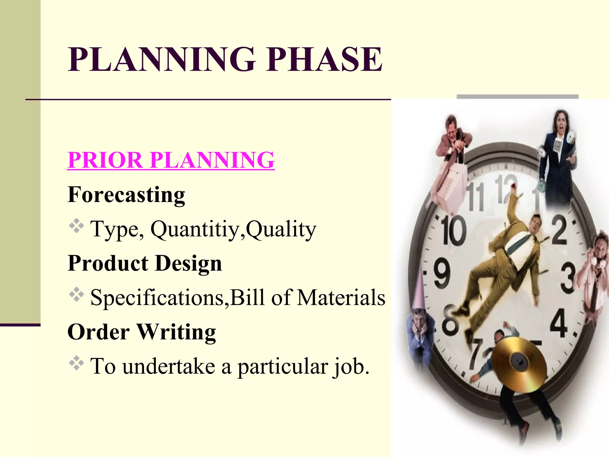 PLANNING PHASE
PRIOR PLANNING
Forecasting
 Type, Quantitiy,Quality
Product Design
 Specifications,Bill of Materials
Order Writing
 To undertake a particular job.
 