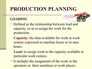 PRODUCTION PLANNING
LOADING
 Defined as the relationship between load and
capacity, so as to assign the work for the
production.
Capacity: the time available for work at work
centres expressed in machine hours or in man
hours.
Load: to assign work to the capacity available at
particular work centres.
 It includes the assignment of the work to the
operators at their machines or work places.
 