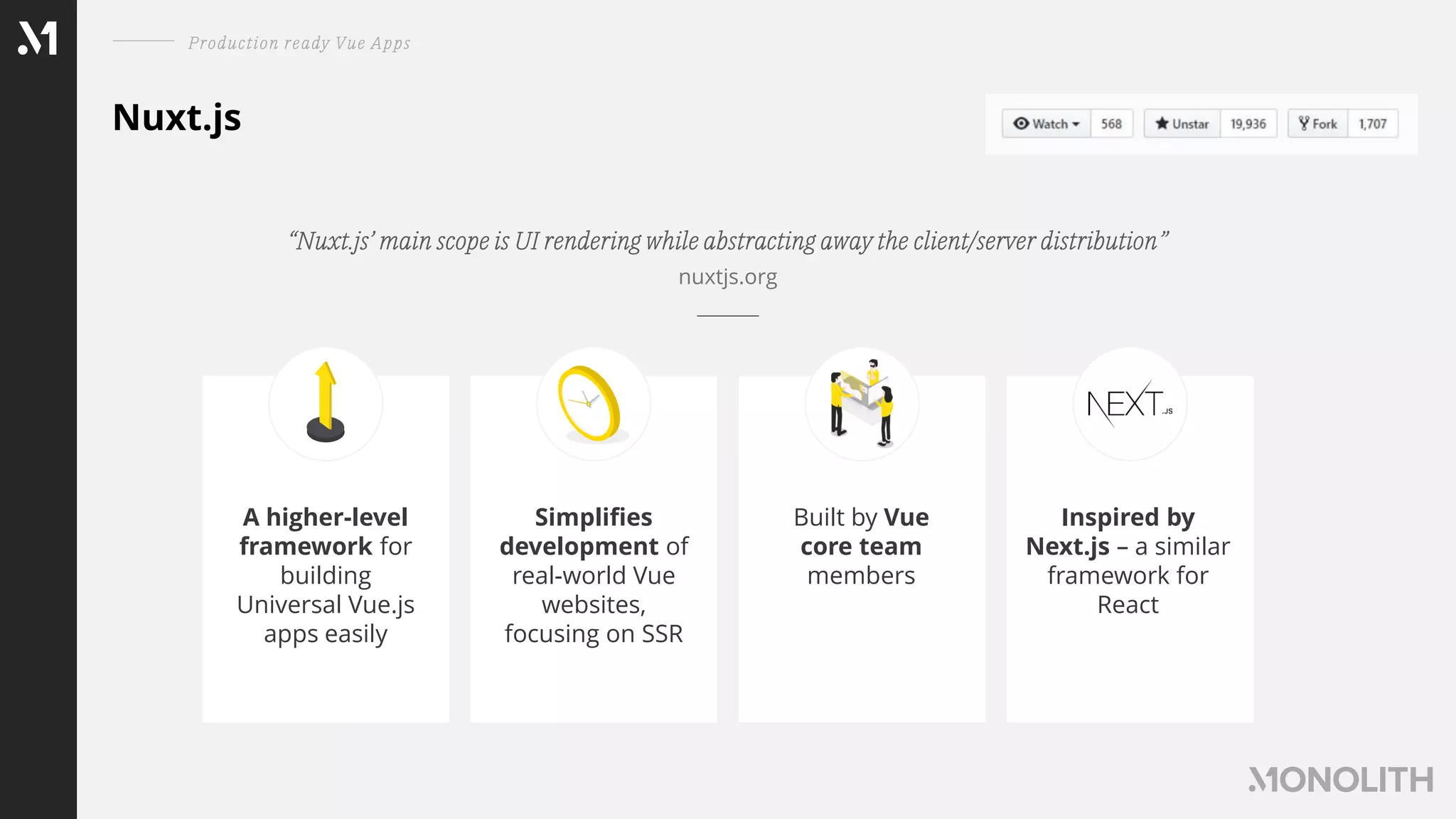 Nuxt.js
Production ready Vue Apps
“Nuxt.js’ main scope is UI rendering while abstracting away the client/server distribution”
nuxtjs.org
A higher-level
framework for
building
Universal Vue.js
apps easily
Simplifies
development of
real-world Vue
websites,
focusing on SSR
Built by Vue
core team
members
Inspired by
Next.js – a similar
framework for
React
 