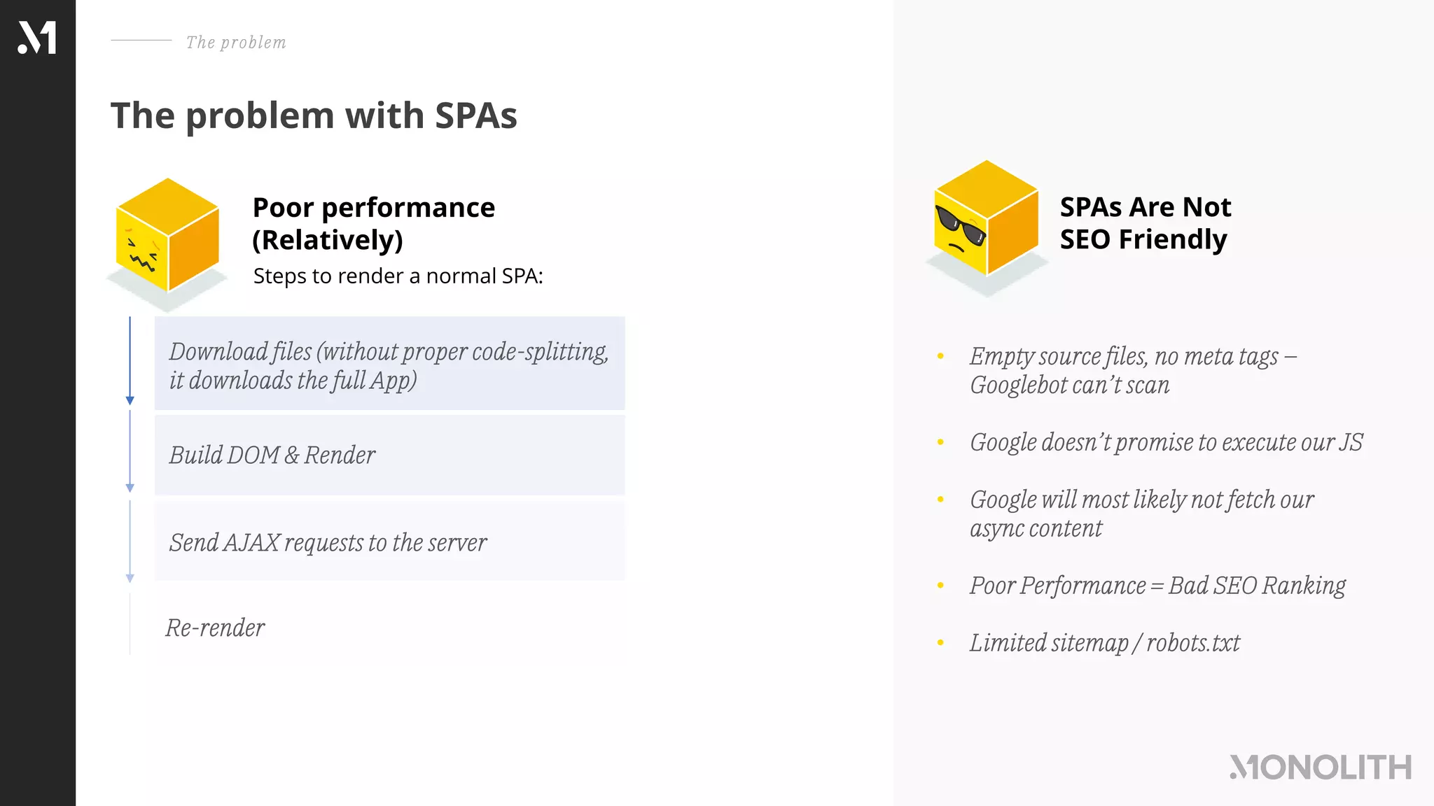 The problem with SPAs
The problem
• Empty source files, no meta tags –
Googlebot can’t scan
• Google doesn’t promise to execute our JS
• Google will most likely not fetch our
async content
• Poor Performance = Bad SEO Ranking
• Limited sitemap / robots.txt
SPAs Are Not
SEO Friendly
Poor performance
(Relatively)
Download files (without proper code-splitting,
it downloads the full App)
Send AJAX requests to the server
Re-render
Steps to render a normal SPA:
Build DOM & Render
 