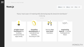 Nuxt.js
Production ready Vue Apps
“Nuxt.js’ main scope is UI rendering while abstracting away the client/server distribution”
nuxtjs.org
A higher-level
framework for
building
Universal Vue.js
apps easily
Simplifies
development of
real-world Vue
websites,
focusing on SSR
Built by Vue
core team
members
Inspired by
Next.js – a similar
framework for
React
 