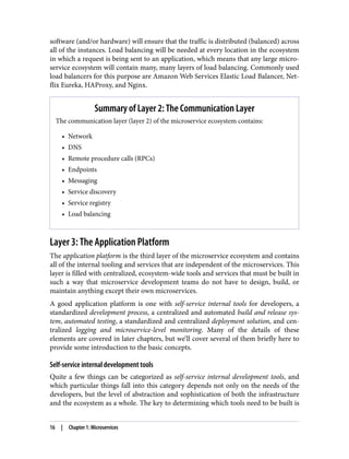 software (and/or hardware) will ensure that the traffic is distributed (balanced) across
all of the instances. Load balancing will be needed at every location in the ecosystem
in which a request is being sent to an application, which means that any large micro‐
service ecosystem will contain many, many layers of load balancing. Commonly used
load balancers for this purpose are Amazon Web Services Elastic Load Balancer, Net‐
flix Eureka, HAProxy, and Nginx.
Summary of Layer 2: The Communication Layer
The communication layer (layer 2) of the microservice ecosystem contains:
• Network
• DNS
• Remote procedure calls (RPCs)
• Endpoints
• Messaging
• Service discovery
• Service registry
• Load balancing
Layer 3: The Application Platform
The application platform is the third layer of the microservice ecosystem and contains
all of the internal tooling and services that are independent of the microservices. This
layer is filled with centralized, ecosystem-wide tools and services that must be built in
such a way that microservice development teams do not have to design, build, or
maintain anything except their own microservices.
A good application platform is one with self-service internal tools for developers, a
standardized development process, a centralized and automated build and release sys‐
tem, automated testing, a standardized and centralized deployment solution, and cen‐
tralized logging and microservice-level monitoring. Many of the details of these
elements are covered in later chapters, but we’ll cover several of them briefly here to
provide some introduction to the basic concepts.
Self-service internal development tools
Quite a few things can be categorized as self-service internal development tools, and
which particular things fall into this category depends not only on the needs of the
developers, but the level of abstraction and sophistication of both the infrastructure
and the ecosystem as a whole. The key to determining which tools need to be built is
16 | Chapter 1: Microservices
 