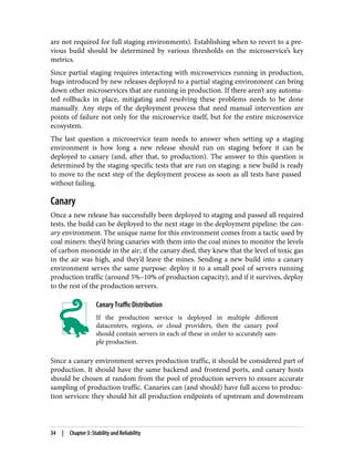 are not required for full staging environments). Establishing when to revert to a pre‐
vious build should be determined by various thresholds on the microservice’s key
metrics.
Since partial staging requires interacting with microservices running in production,
bugs introduced by new releases deployed to a partial staging environment can bring
down other microservices that are running in production. If there aren’t any automa‐
ted rollbacks in place, mitigating and resolving these problems needs to be done
manually. Any steps of the deployment process that need manual intervention are
points of failure not only for the microservice itself, but for the entire microservice
ecosystem.
The last question a microservice team needs to answer when setting up a staging
environment is how long a new release should run on staging before it can be
deployed to canary (and, after that, to production). The answer to this question is
determined by the staging-specific tests that are run on staging: a new build is ready
to move to the next step of the deployment process as soon as all tests have passed
without failing.
Canary
Once a new release has successfully been deployed to staging and passed all required
tests, the build can be deployed to the next stage in the deployment pipeline: the can‐
ary environment. The unique name for this environment comes from a tactic used by
coal miners: they’d bring canaries with them into the coal mines to monitor the levels
of carbon monoxide in the air; if the canary died, they knew that the level of toxic gas
in the air was high, and they’d leave the mines. Sending a new build into a canary
environment serves the same purpose: deploy it to a small pool of servers running
production traffic (around 5%–10% of production capacity), and if it survives, deploy
to the rest of the production servers.
Canary Traffic Distribution
If the production service is deployed in multiple different
datacenters, regions, or cloud providers, then the canary pool
should contain servers in each of these in order to accurately sam‐
ple production.
Since a canary environment serves production traffic, it should be considered part of
production. It should have the same backend and frontend ports, and canary hosts
should be chosen at random from the pool of production servers to ensure accurate
sampling of production traffic. Canaries can (and should) have full access to produc‐
tion services: they should hit all production endpoints of upstream and downstream
34 | Chapter 3: Stability and Reliability
 