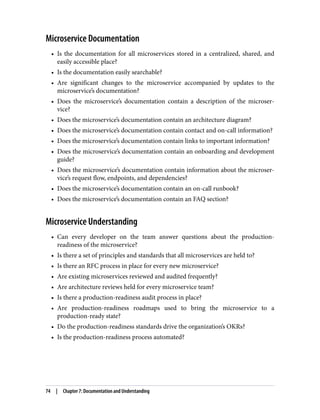 Microservice Documentation
• Is the documentation for all microservices stored in a centralized, shared, and
easily accessible place?
• Is the documentation easily searchable?
• Are significant changes to the microservice accompanied by updates to the
microservice’s documentation?
• Does the microservice’s documentation contain a description of the microser‐
vice?
• Does the microservice’s documentation contain an architecture diagram?
• Does the microservice’s documentation contain contact and on-call information?
• Does the microservice’s documentation contain links to important information?
• Does the microservice’s documentation contain an onboarding and development
guide?
• Does the microservice’s documentation contain information about the microser‐
vice’s request flow, endpoints, and dependencies?
• Does the microservice’s documentation contain an on-call runbook?
• Does the microservice’s documentation contain an FAQ section?
Microservice Understanding
• Can every developer on the team answer questions about the production-
readiness of the microservice?
• Is there a set of principles and standards that all microservices are held to?
• Is there an RFC process in place for every new microservice?
• Are existing microservices reviewed and audited frequently?
• Are architecture reviews held for every microservice team?
• Is there a production-readiness audit process in place?
• Are production-readiness roadmaps used to bring the microservice to a
production-ready state?
• Do the production-readiness standards drive the organization’s OKRs?
• Is the production-readiness process automated?
74 | Chapter 7: Documentation and Understanding
 