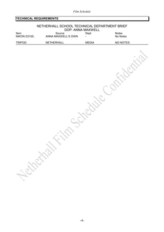 Film Schedule 
TECHNICAL REQUIREMENTS 
NETHERHALL SCHOOL TECHNICAL DEPARTMENT BRIEF 
DOP: ANNA MAXWELL 
Item Source Dept Notes 
NIKON D3100, ANNA MAXWELL’S OWN - No Notes 
TRIPOD NETHERHALL MEDIA NO NOTES 
-4- 
 