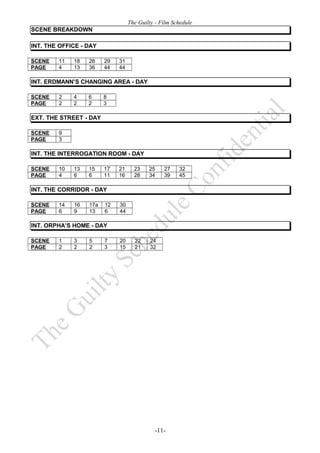 The Guilty - Film Schedule
SCENE BREAKDOWN

INT. THE OFFICE - DAY

SCENE   11   18   26    29   31
PAGE    4    13   36    44   44

INT. ERDMANN’S CHANGING AREA - DAY

SCENE   2    4    6     8
PAGE    2    2    2     3

EXT. THE STREET - DAY

SCENE   9
PAGE    3

INT. THE INTERROGATION ROOM - DAY

SCENE   10   13   15    17   21     23    25    27    32
PAGE    4    6    6     11   16     28    34    39    45

INT. THE CORRIDOR - DAY

SCENE   14   16   17a   12   30
PAGE    6    9    13    6    44

INT. ORPHA’S HOME - DAY

SCENE   1    3    5     7    20     22     24
PAGE    2    2    2     3    15     21     32




                                            -11-
 