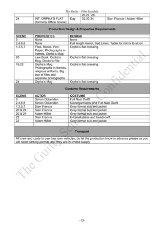 The Guilty - Film Schedule
                                                 26,27, 28
24            INT. ORPHA’S FLAT        Day       32,33,34             Sian Francis / Adam Hillier
              (formerly Office Scene)

                        Production Design & Properties Requirements

SCENE         PROPERTIES                 DESIGN
9             None                       None
2,4,6,8       None                       Full length mirror, Bed Linen, Table for mirror to sit on
1,3,5,7       Files, Books, Pen,         Orpha’s flat dressing
              Paper, Photographs in
              frames, Orpha’s Mug
20            Law Book, Orpha’s          Orpha’s flat dressing
              Mug, Doctor’s File
19,22         Orpha’s Mug,               Orpha’s flat dressing
              Photographs in frames,
              religious artifacts, Big
              box of files and
              separate photographs
24            Orpha’s Mug                Orpha’s flat dressing

                                    Costume Requirements

SCENE         ACTOR                      COSTUME
9             Simon Ockenden             Full Nazi Outfit
2,4,6,8       Simon Ockenden             Undergarments and Full Nazi Outfit
1,3,5,7       Sian Francis               Grey formal suit and jacket
20 & 24       Sian Francis               Grey formal suit and jacket
20 & 24       Adam Hillier               Grey formal suit and jacket
22            Sian Francis               Informal dress and headscarf
22            Adam Hillier               Grey formal suit and jacket


                                            Transport

All crew and casts to use their own vehicles, do let the production know in advance please as you
will need parking permits and they are in limited supply




                                                -13-
 