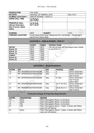 The Guilty - Film Schedule


PRODUCTION              The Guilty
RX DATE:                Saturday, 20th MARCH, 2010                         Day 3 of 4
FILMING LOCATION 1:     ANGLIA RUSKIN – RUS 211
CREW CALL TIME
                        0700
PRINCIPLE CALL
(Simon Ockenden,        0725
Sian Francis, Adam
Hiller)

SUNRISE:                0604            SUNSET                      1813
PARKING LOCATION:       Guest Road,Wills Road, Mackenzie Rd. Cambridge – Please get a
                        permit from Sarah Baily

                       LOCATION 5 – ANGLIA RUSKIN – RUS 211

                        START      FINISH        DESIGN TEAM:
SETUP                   0700       0815          We will all work with the design team initially
Scene 10                0815       0900          to set RUS 211.
Scene 13                0900       0930
Scene 15                0930       1230
LUNCH                   1230       1330
Scene 21                1330       1600
Scene 23                1600       1830


                            LOCATION 5 – Scene Breakdown

SCENE      SET                             D/N            PAGE(S)           CAST
10         INT. INTERROGATION ROOM         Day            4                 Simon Ockenden
13         INT. INTERROGATION ROOM         Day            6                 Simon Ockenden
                                                                            Sian Francis
15         INT. INTERROGATION ROOM         Day            6,7,8,9           Simon Ockenden
                                                                            Sian Francis
                                                                            Adam Hiller
21         INT. INTERROGATION ROOM         Day            16,17,18,19,2     Simon Ockenden
                                                          1                 Sian Francis
23         INT. INTERROGATION ROOM         Day            28,29,30,31,3     Simon Ockenden
                                                          2                 Sian Francis

                      Production Design & Properties Requirements

SCENE        PROPERTIES            DESIGN
10           None                  Plain Interrogation Room,    no furniture
13           None                  Plain Interrogation Room,    no furniture
15           File                  Plain Interrogation Room,    no furniture
21           File                  Plain Interrogation Room,    1 table, 2 chairs with Pillow
                                   case and old blanket
23           None                  Plain Interrogation Room,    1 table, 2 chairs with Pillow
                                   case and old blanket




                                          -16-
 