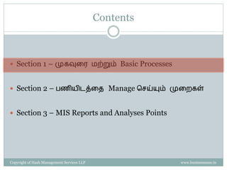 Contents
 Section 1 – முகவுர஭ ஫ற்றும் Basic Processes
 Section 2 – பணி஬ிடத்ரை Manage செய்ம௃ம் முரமகள்
 Section 3 – MIS Reports and Analyses Points
 Section 4 – Templates
Property of Hash Management Services LLP. Unauthorized copying, circulating, modifying and using it without the knowledge / approval of Hash Management Services LLP is prohibited.
 