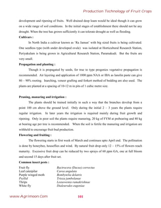development and ripening of fruits. Well drained deep loam would be ideal though it can grow
on a wide range of soil conditions. In the initial stages of establishment there should not be any
drought. When the tree has grown sufficiently it can tolerate drought as well as flooding.
Cultivars :
In North India a cultivar known as ‘Ra Jamun’ with big sized fruits is being cultivated.
One seedless type (with under developed ovule) was isolated at Horticultural Research Station,
Periyakulam is being grown in Agricultural Research Station, Paramakudi. But the fruits are
very small.
Propagation and planting :
Though it is propagated by seeds, for true to type progenies vegetative propagation is
recommended. Air layering and application of 1000 ppm NAA or IBA as lanolin paste can give
80 – 90% rooting. Inarching, veneer grafting and forkert method of bedding are also used. The
plants are planted at a spacing of 10-12 m in pits of 1 cubic metre size.
Pruning, manuring and irrigation :
The plants should be trained initially in such a way that the branches develop from a
point 100 cm above the ground level. Only during the initial 2 – 3 years the plants require
regular irrigation. In later years the irrigation is required mainly during fruit growth and
ripening. Only in poor soil the plants require manuring, 20 kg of FYM at prebearing and 80 kg
at bearing age per tree is recommended. When the soil is fertile the manuring and irrigation are
withheld to encourage fruit bud production.
Flowering and fruiting :
The flowering starts in first week of March and continues upto April end. The pollination
is done by honeybee, houseflies and wind. By natural fruit drop only 12 – 15% of flowers reach
maturity. Excessive fruit drop can be reduced by two sprays of 60 ppm GA, one at full bloom
and second 15 days after fruit set.
Common insect pests :
Fruit fly Bactrocera (Dacus) correctus
Leaf caterpilar Carea angulata
Purple winged moth Bombytelia delatrix
Psyllid Trioza jambolanae
Thrips Leeuswenia ramakrishnae
White fly Dialeurodes eugeniae
101
Production Technology of Fruit Crops
www.Agrimoon.Com
 