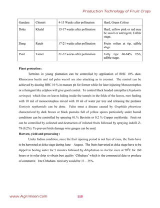 Gandara Chimiri 4-13 Weeks after pollination Hard, Green Colour
Doka Khalal 13-17 weeks after pollination Hard, yellow pink or red may
be sweet or astringent, Edible
stage.
Dang Rutab 17-21 weeks after pollination Fruits soften at tip, edible
stage.
Pind Tamer 21-22 weeks after pollination Fully ripe 60-84% TSS,
edible stage.
Plant protection :
Termites in young plantation can be controlled by application of BHC 10% dust.
Rhinoceros beetle and red palm weevil are also attacking as in coconut. The control can be
achieved by dusting BHC 10 % in manure pit for former while for later injecting Monocrotophos
or a fumigant like celphos will give good control. To control black headed caterpillar (Nephantis
serinopa) which fees on leaves hiding inside the tunnels in the folds of the leaves, root feeding
with 10 mil of monocrotophos mixed with 10 ml of water per tree and releasing the predator
Gonioyis nephantidis can be done. False smut a disease caused by Graphida phoenicus
characterized by dark brown or black pustules full of yellow spores particularly under humid
conditions can be controlled by spraying 01.% Bavistin or 0.2 % Copper oxyhloride. Fruit rot
can be controlled by collected and destruction of infected fruits followed by spraying indofil Z-
78 (0.2%). To prevent birds damage wire gauges can be used.
Harvest, yield and processing :
Under Indian condition, since the fruit ripening period is not free of rains, the fruits have
to be harvested at doka stage during June – August. The fruits harvested at doka stage have to be
dipped in boiling water for 5 minutes followed by dehydration in electric oven at 500
C for 160
hours or in solar drier to obtain best quality ‘Chhuhara’ which is the commercial date or produce
of commerce. The Chhuhara recovery would be 33 – 35%.
115
Production Technology of Fruit Crops
www.Agrimoon.Com
 