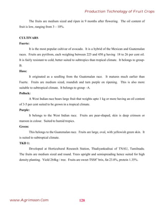 The fruits are medium sized and ripen in 9 months after flowering. The oil content of
fruit is low, ranging from 3 – 10%.
CULTIVARS
Fuerte:
It is the most popular cultivar of avocado. It is a hybrid of the Mexican and Guatemalan
races. Fruits are pyrifrom, each weighing between 225 and 450 g having 18 to 26 per cent oil.
It is fairly resistant to cold, better suited to subtropics than tropical climate. It belongs to group-
B.
Hass:
It originated as a seedling from the Guatemalan race. It matures much earlier than
Fuerte. Fruits are medium sized, roundish and turn purple on ripening. This is also more
suitable to subtropical climate. It belongs to group –A.
Pollock:
A West Indian race bears large fruit that weights upto 1 kg or more having an oil content
of 3-5 per cent suited to be grown in a tropical climate.
Purple:
It belongs to the West Indian race. Fruits are pear-shaped, skin is deep crimson or
maroon in colour. Suited to humid tropics.
Green:
This belongs to the Guatemalan race. Fruits are large, oval, with yellowish green skin. It
is suited to subtropical climate.
TKD 1:
Developed at Horticultural Research Station, Thadiyankudisai of TNAU, Tamilnadu.
The fruits are medium sized and round. Trees upright and semispreading hence suited for high
density planting. Yield 264kg / tree. Fruits are sweet TSS8o
brix, fat 23.8%, protein 1.35%.
128
Production Technology of Fruit Crops
www.Agrimoon.Com
 