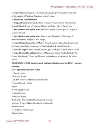 Owing to the poor surface and subsurface drainage, the groundwater in a large part
of the area (e.g. 60% of arid Rajasthan) is highly saline.
Fruit growing regions in India
1. Temperate zone: Jammu & Kashmir, Himachal Pradesh, part of Uttar Pradesh,
Arunachal Pradesh, part of Nagaland, Nilgiris and Pulney hills in Tamil Nadu.
2. North western subtropical zone: Rajasthan, Punjab, Haryana, part of UP, part of
Mathaya Pradesh.
3. North Eastern subtropical zone: Bihar, Assam, Megalalya, Tripura, part of
Arunachal Pradesh and part of west Bengal.
4. Central tropical zone: Part of Madhya Pradesh, part of Mahsrashtra, Gujarat, part
of Orissa, part of West Bengal, part of Andhra Pradesh & part of Karnataka.
5. Southern tropical zone: Part of Karnataka, part of AP, part of TN & part of Kerala.
6. Coastal tropical humid zone: Coast of Maharastra, Kerala, Andhra Pradesh, TN,
Orissa, West Bengal, Tripura and Mozorm, part of Gujarat along sea and the Indian
Islands.
The ICAR, New Delhi, has recognized eight agro climatic zones for effective land use
planning.
S.No. Agro climatic Region Status
1. Humid western
Himalayan Region
J&K, HP, Kumaon and Garhwal in Uttarnchall
2. Humid Bengal – Assam
Region
West Bengal & Assam
3. Humid Eastern
Himalayan Region
Bay Islands, Arunachal Pradesh, Nagaland, Manipur,
Mizoram, Tripura, Sikkam,Megalaya & Andaman &
Nicobar Islands.
4. Sub-humid Sutlez-Ganga
Alluvial plains
15
Production Technology of Fruit Crops
www.Agrimoon.Com
 