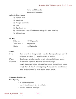 Surplus scaffold branches
Suckers and water sprouts
Various training systems
1) Modified leader
2) Open centre
3) V-shaped tatura trellis
4) Pillar
5) High density vase
6) 2=scaffold vase – most efficient for low density (277 to 625 plants/ha)
7) Belgium bench
For HDP
Hedge row - 519-889 plants/ha
Tatura trellis - 666 plants/ha
Medow - 13,333 plants/ha
Pruning :
1st
year : Stem cut at 61 cm from ground, 3-4 branches allowed, well spaced and well
developed on all sides., All other new growth are removed.
2nd
year : 2 well spaced secondary branches on each main branch (Dormant season).
2nd
summer : Water sprouts suppressed, Secondary branches encouraged.
Forked branches cut to make crotches strong / outside buds are pruned to have
speedy shape. In the 3rd
dormant pruning  diseased, criss-cross branches,
water sprouts removed. No severe pruning in early seasons.
II Pruning – bearing trees
Annual pruning
– to maintain open centre
– since it stimulates new wood for production
– It allows penetration of sunlight
162
Production Technology of Fruit Crops
www.Agrimoon.Com
 