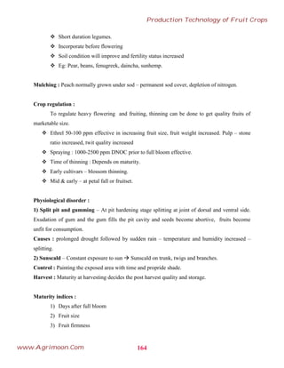  Short duration legumes.
 Incorporate before flowering
 Soil condition will improve and fertility status increased
 Eg: Pear, beans, fenugreek, daincha, sunhemp.
Mulching : Peach normally grown under sod – permanent sod cover, depletion of nitrogen.
Crop regulation :
To regulate heavy flowering and fruiting, thinning can be done to get quality fruits of
marketable size.
 Ethrel 50-100 ppm effective in increasing fruit size, fruit weight increased. Pulp – stone
ratio increased, twit quality increased
 Spraying : 1000-2500 ppm DNOC prior to full bloom effective.
 Time of thinning : Depends on maturity.
 Early cultivars – blossom thinning.
 Mid & early – at petal fall or fruitset.
Physiological disorder :
1) Split pit and gumming – At pit hardening stage splitting at joint of dorsal and ventral side.
Exudation of gum and the gum fills the pit cavity and seeds become abortive, fruits become
unfit for consumption.
Causes : prolonged drought followed by sudden rain – temperature and humidity increased –
splitting.
2) Sunscald – Constant exposure to sun  Sunscald on trunk, twigs and branches.
Control : Painting the exposed area with time and propride shade.
Harvest : Maturity at harvesting decides the post harvest quality and storage.
Maturity indices :
1) Days after full bloom
2) Fruit size
3) Fruit firmness
164
Production Technology of Fruit Crops
www.Agrimoon.Com
 