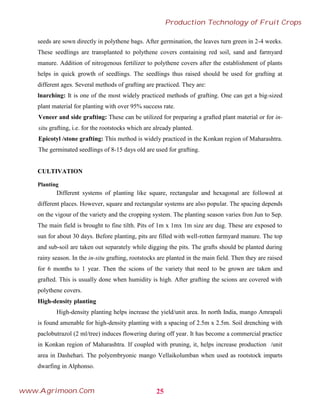 seeds are sown directly in polythene bags. After germination, the leaves turn green in 2-4 weeks.
These seedlings are transplanted to polythene covers containing red soil, sand and farmyard
manure. Addition of nitrogenous fertilizer to polythene covers after the establishment of plants
helps in quick growth of seedlings. The seedlings thus raised should be used for grafting at
different ages. Several methods of grafting are practiced. They are:
lnarching: It is one of the most widely practiced methods of grafting. One can get a big-sized
plant material for planting with over 95% success rate.
Veneer and side grafting: These can be utilized for preparing a grafted plant material or for in-
situ grafting, i.e. for the rootstocks which are already planted.
Epicotyl /stone grafting: This method is widely practiced in the Konkan region of Maharashtra.
The germinated seedlings of 8-15 days old are used for grafting.
CULTIVATION
Planting
Different systems of planting like square, rectangular and hexagonal are followed at
different places. However, square and rectangular systems are also popular. The spacing depends
on the vigour of the variety and the cropping system. The planting season varies fron Jun to Sep.
The main field is brought to fine tilth. Pits of 1m x 1mx 1m size are dug. These are exposed to
sun for about 30 days. Before planting, pits are filled with well-rotten farmyard manure. The top
and sub-soil are taken out separately while digging the pits. The grafts should be planted during
rainy season. In the in-situ grafting, rootstocks are planted in the main field. Then they are raised
for 6 months to 1 year. Then the scions of the variety that need to be grown are taken and
grafted. This is usually done when humidity is high. After grafting the scions are covered with
polythene covers.
High-density planting
High-density planting helps increase the yield/unit area. In north India, mango Amrapali
is found amenable for high-density planting with a spacing of 2.5m x 2.5m. Soil drenching with
paclobutrazol (2 ml/tree) induces flowering during off year. It has become a commercial practice
in Konkan region of Maharashtra. If coupled with pruning, it, helps increase production /unit
area in Dashehari. The polyembryonic mango Vellaikolumban when used as rootstock imparts
dwarfing in Alphonso.
25
Production Technology of Fruit Crops
www.Agrimoon.Com
 