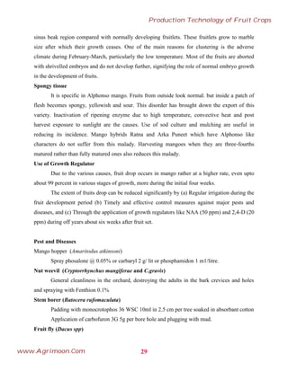 sinus beak region compared with normally developing fruitlets. These fruitlets grow to marble
size after which their growth ceases. One of the main reasons for clustering is the adverse
climate during February-March, particularly the low temperature. Most of the fruits are aborted
with shrivelled embryos and do not develop further, signifying the role of normal embryo growth
in the development of fruits.
Spongy tissue
It is specific in Alphonso mango. Fruits from outside look normal. but inside a patch of
flesh becomes spongy, yellowish and sour. This disorder has brought down the export of this
variety. Inactivation of ripening enzyme due to high temperature, convective heat and post
harvest exposure to sunlight are the causes. Use of sod culture and mulching are useful in
reducing its incidence. Mango hybrids Ratna and Arka Puneet which have Alphonso like
characters do not suffer from this malady. Harvesting mangoes when they are three-fourths
matured rather than fully matured ones also reduces this malady.
Use of Growth Regulator
Due to the various causes, fruit drop occurs in mango rather at a higher rate, even upto
about 99 percent in various stages of growth, more during the initial four weeks.
The extent of fruits drop can be reduced significantly by (a) Regular irrigation during the
fruit development period (b) Timely and effective control measures against major pests and
diseases, and (c) Through the application of growth regulators like NAA (50 ppm) and 2,4-D (20
ppm) during off years about six weeks after fruit set.
Pest and Diseases
Mango hopper (Amaritodus atkinsoni)
Spray phosalone @ 0.05% or carbaryl 2 g/ lit or phosphamidon 1 m1/litre.
Nut weevil (Cryptorrhynchus mangiferae and C.gravis)
General cleanliness in the orchard, destroying the adults in the bark crevices and holes
and spraying with Fenthion 0.1%
Stem borer (Batocera rufomaculata)
Padding with monocrotophos 36 WSC 10ml in 2.5 cm per tree soaked in absorbant cotton
Application of carbofuron 3G 5g per bore hole and plugging with mud.
Fruit fly (Dacus spp)
29
Production Technology of Fruit Crops
www.Agrimoon.Com
 