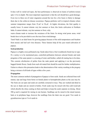 It does well in varied soil types, the best performance is observed on loams of uniform texture
upto 1.8 m in depth. The most important requirement is that the soil should have good drainage.
Even two to three cm of water stagnation around the tree for a few hours is likely to damage
them due to the collar-rot disease occurrence. Papaya performs well in tropical climates where
summer temperature ranges from 35„aC to 38„aC. At higher elevations, the fruit quality is
usually lower. It cannot tolerate very hot summer or frost, this limits cultivation in Northern
India. It cannot tolerate, very hot summer or frost, a dry
warm climate tends to increase the sweetness of the fruits. In strong wind prone areas, wind
breaks have to be provided to save the trees from wind damage.
Tamil Nadu is an ideal home for growing papaya because of the mild temperatures and freedom
from mosaic and leaf curl virus diseases. These features help all the year round cultivation of
papaya.
Seed production
Papaya is a highly cross-pollinated crop. Seeds taken from a fruit wouldrarely breed true to type.
If a variety is to be maintained pure, controlled pollination between selected female and male
progenies of the same parent i.e.,crossing of sister and brother, called sib mating has to be done.
This consists ofcollection of pollen from the male parent and applying it on the previously
bagged female flower. Seeds from such sib mated fruit should be used for further multiplication.
Failure to observe this precaution leads to the deterioration of the variety resulting in the progeny
being a mixture of all kinds of types within a few years.
Propagation
The most common method of propagation of papaya is from seeds. Seeds are collected from well
mature, ripe and large fruits borne on female plants to hermaphrodite plants as the case may be.
The fruits are cut open and seeds are carefully extracted in trays. They are washed and dried in
the sun or shade and are stored in bottles. Fresh seeds may be mixed with fine cold wood-ash
which absorbs the slimy coating on them and helps to keep the seeds separate on drying. About
500 g seed is required for raising in one hectare. Seedlings can be raised in the raised nursery
beds or in polythene bags, however the seedlings from the latter one are good. Two seeds in
gynodioecious type or 5 to 6 seeds in
63
Production Technology of Fruit Crops
www.Agrimoon.Com
 