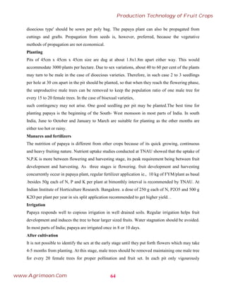 dioecious type' should be sown per poly bag. The papaya plant can also be propagated from
cuttings and grafts. Propagation from seeds is, however, preferred, because the vegetative
methods of propagation are not economical.
Planting
Pits of 45cm x 45cm x 45cm size are dug at about 1.8x1.8m apart either way. This would
accommodate 3000 plants per hectare. Due to sex variations, about 40 to 60 per cent of the plants
may turn to be male in the case of dioecious varieties. Therefore, in such case 2 to 3 seedlings
per hole at 30 cm apart in the pit should be planted, so that when they reach the flowering phase,
the unproductive male trees can be removed to keep the population ratio of one male tree for
every 15 to 20 female trees. In the case of bisexual varieties,
such contingency may not arise. One good seedling per pit may be planted.The best time for
planting papaya is the beginning of the South- West monsoon in most parts of India. In south
India, June to October and January to March are suitable for planting as the other months are
either too hot or rainy.
Manures and fertilizers
The nutrition of papaya is different from other crops because of its quick growing, continuous
and heavy fruiting nature. Nutrient uptake studies conducted at TNAU showed that the uptake of
N,P.K is more between flowering and harvesting stage, its peak requirement being between fruit
development and harvesting. As three stages ie flowering. fruit development and harvesting
concurrently occur in papaya plant, regular fertilizer application ie., 10 kg of FYM/plant as basal
.besides 50g each of N, P and K per plant at bimonthly interval is recommended by TNAU. At
Indian Institute of Horticulture Research. BangaIore. a dose of 250 g each of N, P2O5 and 500 g
K2O per plant per year in six split application recommended to get higher yield. .
Irrigation
Papaya responds well to copious irrigation in well drained soils. Regular irrigation helps fruit
development and induces the tree to bear larger sized fruits. Water stagnation should be avoided.
In most parts of India; papaya are irrigated once in 8 or 10 days.
After cultivation
It is not possible to identify the sex at the early stage until they put forth flowers which may take
4-5 months from planting. At this stage, male trees should be removed maintaining one male tree
for every 20 female trees for proper pollination and fruit set. In each pit only vigourously
64
Production Technology of Fruit Crops
www.Agrimoon.Com
 