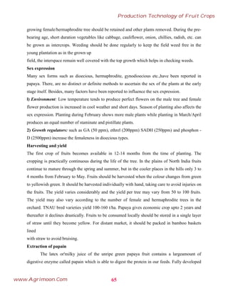 growing female/hermaphrodite tree should be retained and other plants removed. During the pre-
bearing age, short duration vegetables like cabbage, cauliflower, onion, chillies, radish, etc. can
be grown as intercrops. Weeding should be done regularly to keep the field weed free in the
young plantation as in the grown up
field, the interspace remain well covered with the top growth which helps in checking weeds.
Sex expression
Many sex forms such as dioecious, hermaphrodite, gynodioecious etc.,have been reported in
papaya. There, are no distinct or definite methods to ascertain the sex of the plants at the early
stage itself. Besides, many factors have been reported to influence the sex expression.
l) Environment: Low temperature tends to produce perfect flowers on the male tree and female
flower production is increased in cool weather and short days. Season of planting also affects the
sex expression. Planting during February shows more male plants while planting in March/April
produces an equal number of staminate and pistillate plants.
2) Growth regulators: such as GA (50 ppm), ethrel (200ppm) SADH (250ppm) and phosphon -
D (2500ppm) increase the femaleness in dioecious types.
Harvesting and yield
The first crop of fruits becomes available in 12-14 months from the time of planting. The
cropping is practically continuous during the life of the tree. In the plains of North India fruits
continue to mature through the spring and summer, but in the cooler places in the hills only 3 to
4 months from February to May. Fruits should be harvested when the colour changes from green
to yellowish green. It should be harvested individually with hand, taking care to avoid injuries on
the fruits. The yield varies considerably and the yield per tree may vary from 50 to 100 fruits.
The yield may also vary according to the number of female and hermaphrodite trees in the
orchard. TNAU bred varieties yield 100-160 t/ha. Papaya gives economic crop upto 2 years and
thereafter it declines drastically. Fruits to be consumed locally should be stored in a single layer
of straw until they become yellow. For distant market, it should be packed in bamboo baskets
lined
with straw to avoid bruising.
Extraction of papain
The latex or'milky juice of the unripe green papaya fruit contains a largeamount of
digestive enzyme called papain which is able to digest the protein in our feeds. Fully developed
65
Production Technology of Fruit Crops
www.Agrimoon.Com
 