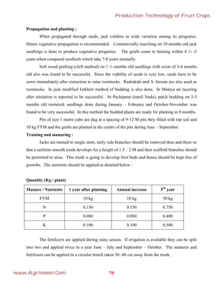 Propagation and planting :
When propagated through seeds, jack exhibits as wide variation among its progenies.
Hence vegetative propagation is recommended. Commercially inarching on 10 months old jack
seedlings is done to produce vegetative progenies. The grafts come to bearing within 4 ½ -5
years when compared seedlinfs which take 7-8 years normally.
Soft wood grafting (cleft method) on 1 ½ months old seedlings with scion of 3-4 months
old also was found to be successful. Since the viability of seeds is very low, seeds have to be
sown immediately after extraction to raise rootstocks. Rudrakshi and A. hirsute are also used as
rootstocks. In jack modified forkhert method of budding is also done. In Malaya air layering
after etiolation is reported to be successful. At Pechiparai (tamil Nadu), patch budding on 3-5
months old rootstock seedlings done during January – February and October-November was
found to be very successful. In this method the budded plants are ready for planting in 8 months.
Pits of size 1 metre cube are dug at a spacing of 9-12 M pits they filled with top soil and
10 kg FYM and the grafts are planted in the centre of the pits during June – September.
Training and manuring :
Jacks are trained to single stem, early side branches should be removed then and there so
that a uniform smooth trunk develops for a height of 1.5 – 2 M and then scaffold branches should
be permitted to arise. This trunk is going to develop fruit buds and hence should be kept free of
growths. The nutrients should be applied as detailed below :
Quantity (Kg / plant)
Manure / Nutrients 1 year after planting Annual increase 5th
year
FYM 10 kg 10 kg 50 kg
N 0.150 0.150 0.750
P 0.080 0.080 0.400
K 0.100 0.100 0.500
The fertilizers are applied during rainy season. If irrigation is available they can be split
into two and applied twice in a year June – July and September – October. The manures and
fertilizers can be applied in a circular trench taken 50 -06 cm away from the trunk.
79
Production Technology of Fruit Crops
www.Agrimoon.Com
 