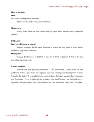 Plant protection :
Pests :
Bud weevil L (Ochyromera artocarpi)
It bores into the tender buds, shoots and fruits.
Management :
Destroy fallen fruits and buds, collect and kill grups, adults and then spray endosulfan
(0.035%).
DISEASES :
Fruit rot : (Rhizopus artocarpi)
It causes premature fall of young fruits due to rotting and may result in heavy loss in
yield under very humid conditions.
Management
Spraying Disthane M. 45 (0.2%0 or Bavistin (0.05%) or Fytolan (0.2%) at 15 days
interval during fruit growth.
Harvest and yield :
Normally jack starts producing fruits from 7th
– 8th
year onwards. Grafted plants can start
yield from 4th
to 5th
year itself. In Singapore jack even seedlings start bearing from 3rd
year.
Normally the fruits will be available from March to June. In higher elevation harvest extends
upto September. Even in plains certain genotypes bear an off season crop during October –
December. The yield ranges from 20 to 100 fruits/tree. The fruit weight varies from 10 to 30 kg.
81
Production Technology of Fruit Crops
www.Agrimoon.Com
 