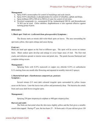 Management
a. Spray 0.04% monocrophos for control of mealybugs and scale insects.
b. Spray 0.03% dimethoate or phosphomidon for control of whiteflies, aphids and thrips.
c. Spray kelthane (50%) 500 ml in 500 lit of water for control of red mites.
d. Nicotinyl compounds viz., acetamiprid 20 Sp, Imidachloprid 200 SL and thiomethoxam
70 WS can be tried. Chitin inhibitor, diaphenthiuron is also reported effective against
sucking group of pests.
DISEASES :
1. Black spot / fruit rot : (collectotrichum gloeosporoides) Symptoms :
The disease starts as minute dull-violet black spots on leaves. The area surrounding the
spot turns yellow, then spots enlarge and cause drying.
Fruit rot :
Black pin head spot appear on the fruit at different ages. The spots will be severe on mature
fruits. Black sunken spots develop and enlarge to cover larger areas of rind. The fruit rind
cracks and infection spreads to interior areas and petals also. The petals become blackened and
complete rotting occurs.
Management :
Spraying fruits with 0.25% mancozeb or copper oxy chloride 0.25% or carbendazim
0.1% starting from one month after flowering and repeated at monthly interval (3 sprays).
2. Bacterial leaf spot : (Xanthomonas campestris pv. punicae)
Symptons :
Several minute (2-5 mm) dark coloured irregular spots surrounded by yellow tissues
occur on the leaves. Later the leaves turn yellow and prematurely drop. The bacteria also attack
fruits and cause dark brown irregular spots.
Management :
Spraying 250 ppm streptomycin sulphate or 400 ppm streptocycline.
Harvest and yield :
The fruits are harvested when the skin turns slightly yellow and the fruit gives a metallic
sound when tapped. During 4th
year, the tree bears 25 – 30 fruits and a 10 year old tree gives 150
88
Production Technology of Fruit Crops
www.Agrimoon.Com
 