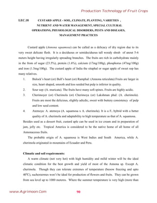 LEC.18 CUSTARD APPLE - SOIL, CLIMATE, PLANTING, VARIETIES ,
NUTRIENT AND WATER MANAGEMENT, SPECIAL CULTURAL
OPERATIONS, PHYSIOLOGICAL DISORDERS, PESTS AND DISEASES,
MANAGEMENT PRACTICES
Custard apple (Annona squamosa) can be called as a delicacy of dry region due to its
very sweet delicate flesh. It is a deciduous or semideciduous tall woody shrub of anout 5-6
meters height having irregularly spreading branches. The fruits are rich in carbohydrate mainly
in the from of sugar (23.5%), protein (1.6%), calcium (17mg/100g), phosphorus (47mg/100g)
and iron (1.5mg/100g). The custard apple of India the sitaphal or sugar apple of sweet sop has
many relatives.
1. Bulock’s heart (or) Bull’s heart (or) Ramphal: (Annona reticulata) Fruits are larger in
size, heart shaped, smooth and less seeded but pulp is inferior in quality.
2. Sour sop: (A. muricata). The fruits have many soft spines. Fruits are highly acidic.
3. Cherimoyer (or) Cherimola (or) Cherimoya (or) Lakshman phal: (A. cherimola).
Fruits are most the delicious, slightly adicdic, sweet with buttery consistency of pulp
and low seed content.
4. Atemoya: A. atemoya (A. squamosa x A. cherimola). It is a F1 hybrid with a better
quality of A. cherimola and adaptability to high temperature as that of A. squamosa.
Besides used as a dessert fruit, custard aple can be used in ice cream and in preparation of
jam, jelly etc. Tropical America is considered to be the native home of all home of all
Annonaceous fruits.
The probable origin of A. squamosa is West Indies and South America, while A.
cherimola originated in mountains of Ecuador and Peru.
Climatic and soil requirements:
A warm climate (not very hot) with high humidity and milld winter will be the ideal
climatic condition for the best growth and yield of most of the Annona sp. Except A.
cherimola. Though they can tolerate extremes of temperature (beoow freezing and upto
40o
C), suchextermes won’t be ideal for production of flowers and fruits. They can be grown
from sea level up to 1000 meteres. Where the summer temperature is very high (more than
90
Production Technology of Fruit Crops
www.Agrimoon.Com
 