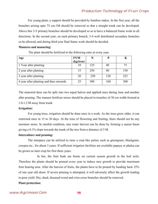 For young plant, a support should be provided by bamboo stakes. In the first year, all the
branches arising upto 75 cm-1M should be removed so that a straight trunk can be developed.
Above this 3-5 primary branches should be developed so as to have a balanced frame work in all
directions. In the second year, on each primary branch, 3-4 well distributed secondary branches
ca be allowed, and during third year final frame work should be decided.
Manures and manuring:
The plant should be fertilized in the following ratio at every year.
Age FYM
(kg/tree)
N P K
1 Year after planting 10 125 40 75
2 year after planting 15 250 80 150
3 year after planting 20 250 120 225
4 year after planting and then onwards 25 500 160 300
The manorial dose can be split into two equal halves and applied once during June and another
after pruning. The manure fertilizer mixer should be placed in trenches of 30 cm width formed at
1.0-1.2 M away from trunk.
Irrigation:
For young trees, irrigation should be done once in a work. As the trees grow older, it can
restricted once in 15 to 20 days. At the time of flowering and fruiting, there should not be any
moisture stress. In rainfed condition, rain water harvest can be done by forming a saucer basin
giving a 0.1% slope towards the trunk of the tree from a distance of 3 M.
Interculture and pruning:
The interpace can be utilized to raise a crop like pulses such as greengram, blackgram,
cowpea etc., for about 3 years. If sufficient irrigation facilities are available papaya or phalsa can
be grown as inter crop for first three years.
In ber, the fruit buds are borne on current season growth in the leaf axils.
Therefore the plants should be pruned every year to induce new growth to provide maximum
fruit bearing area. After the harvest of fruits, the plants have to be pruned by heading back 25%
of one year old shoot. If severe pruning is attempted, it will adversely affect the growth leading
to poor yield. Dry, dead, diseased wood and criss-cross branches should be removed.
Plant protection:
98
Production Technology of Fruit Crops
www.Agrimoon.Com
 