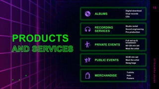 PRODUCTS
ALBUMS
Digital download
Vinyl records
CDs
RECORDING
SERVICES
Studio rental
Sound engineering
Pro production
PRIVATE EVENTS
Full set-up &
breakdown
60-120 min set
Meet the artist
PUBLIC EVENTS
30-60 min set
Meet the artist
Swag bags
MERCHANDISE
T-shirts
Hats
Posters
13
A
R
T
I
S
T
P
O
R
T
F
O
L
I
O
 