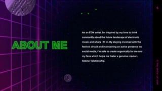 As an EDM artist, I'm inspired by my fans to think
constantly about the future landscape of electronic
music and where I fit in. By staying involved with the
festival circuit and maintaining an active presence on
social media, I'm able to create organically for me and
my fans which helps me foster a genuine creator-
listener relationship.
6
A
R
T
I
S
T
P
O
R
T
F
O
L
I
O
 