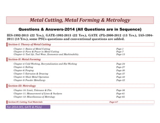 Metal	Cutting,	Metal	Forming	&	Metrology		
Questions & Answers-2014 (All Questions are in Sequence)
IES-1992-2013 (22 Yrs.), GATE-1992-2013 (22 Yrs.), GATE (PI)-2000-2012 (13 Yrs.), IAS-19942011 (18 Yrs.), some PSUs questions and conventional questions are added.
Section‐I:	Theory	of	Metal	Cutting	
Chapter-1: Basics of Metal Cutting
Chapter-2: Force & Power in Metal Cutting
Chapter-3: Tool life, Tool Wear, Economics and Machinability

Page-1
Page-7
Page-13

Section‐II:	Metal	Forming	
Chapter-4: Cold Working, Recrystalization and Hot Working
Chapter-5: Rolling
Chapter-6: Forging
Chapter-7: Extrusion & Drawing
Chapter-8: Sheet Metal Operation
Chapter-9: Powder Metallurgy

Page-24
Page-27
Page-30
Page-37
Page-43
Page-52

Section‐III:	Metrology	
Chapter-10: Limit, Tolerance & Fits
Chapter-11: Measurement of Lines & Surfaces
Chapter-12: Miscellaneous of Metrology
Section‐IV:	Cutting	Tool	Materials	

For‐2014 (IES, GATE & PSUs) 
 

	

	

	

Page-56
Page-61
Page-65
	

	

	

	

	

	

Page‐67	

 