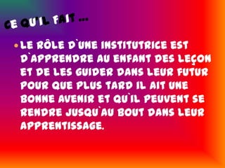 Le rôle d`une institutrice est d`apprendre au enfant des leçon et de les guider dans leur futur pour que plus tard il ait une bonne avenir et qu`il peuvent se rendre jusqu`au bout dans leur apprentissage. CeQu'ilFait …