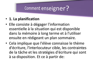 • 1. La planification
• Elle consiste à dégager l'information
essentielle à la situation qui est disponible
dans la mémoire à long terme et à l'utiliser
ensuite en rédigeant un plan sommaire.
• Cela implique que l'élève connaisse le thème
d'écriture, l'interlocuteur cible, les contraintes
de la tâche et les stratégies d'écriture qui sont
à sa disposition. Et ce à partir de:
 