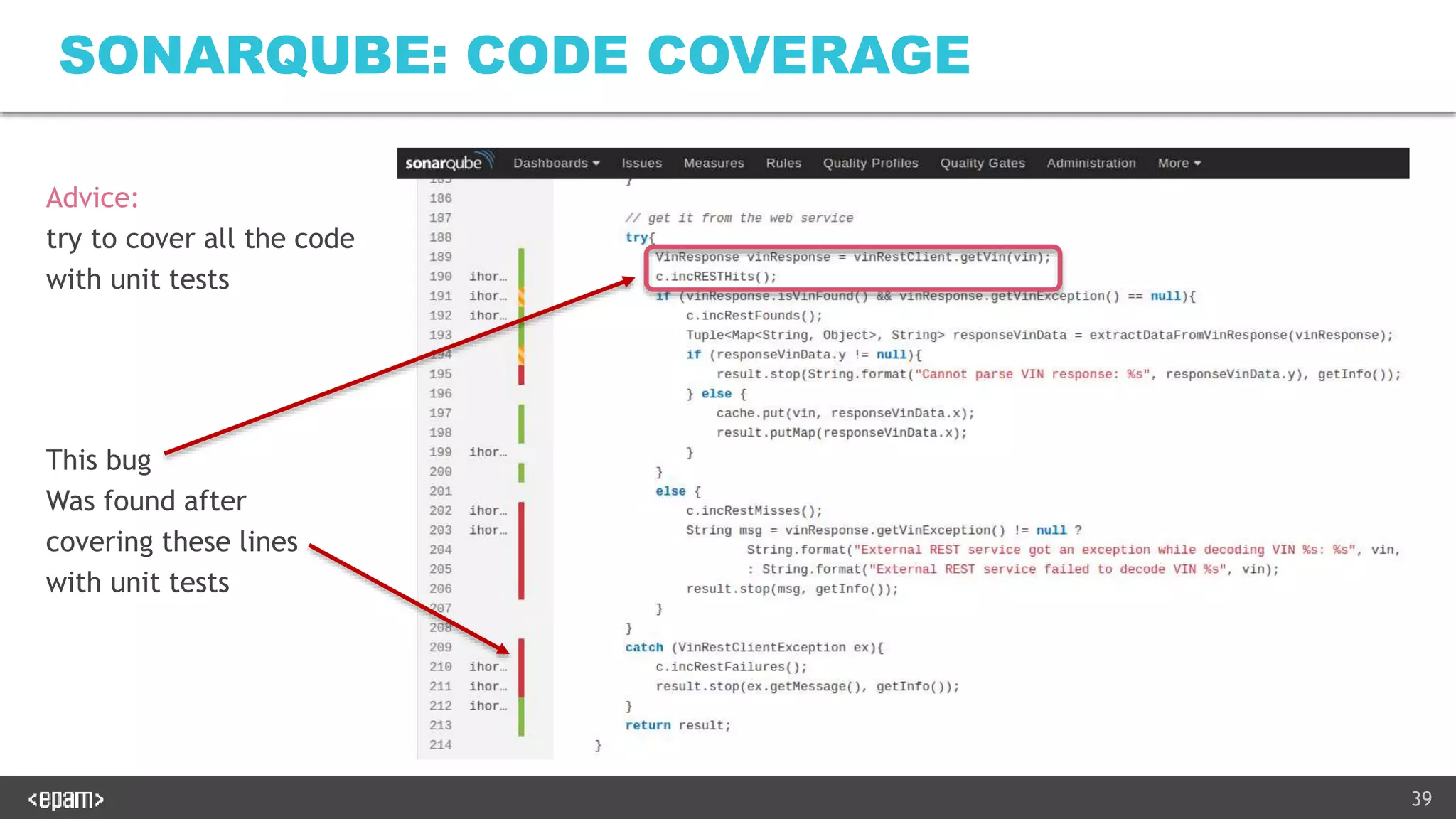 39
Advice:
try to cover all the code
with unit tests
SONARQUBE: CODE COVERAGE
This bug
Was found after
covering these lines
with unit tests
 