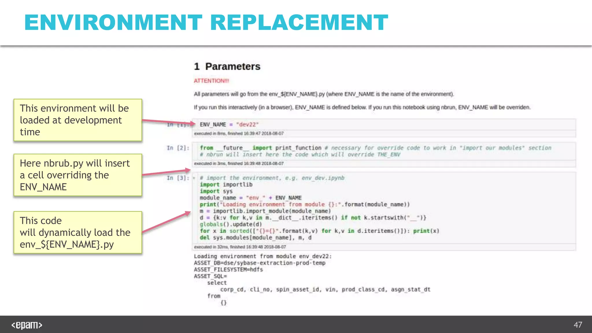 47
ENVIRONMENT REPLACEMENT
This environment will be
loaded at development
time
Here nbrub.py will insert
a cell overriding the
ENV_NAME
This code
will dynamically load the
env_${ENV_NAME}.py
 